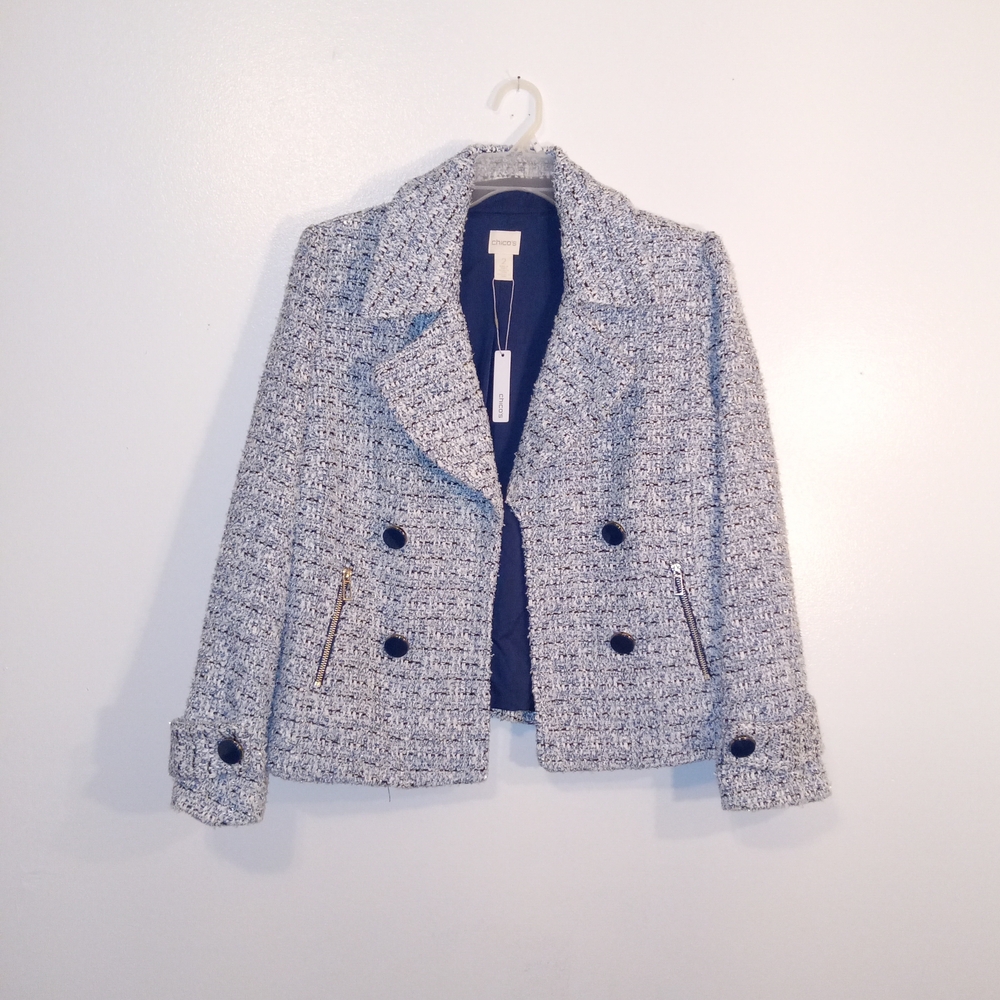 Chico's Blue Tweed Double-Breasted Blazer